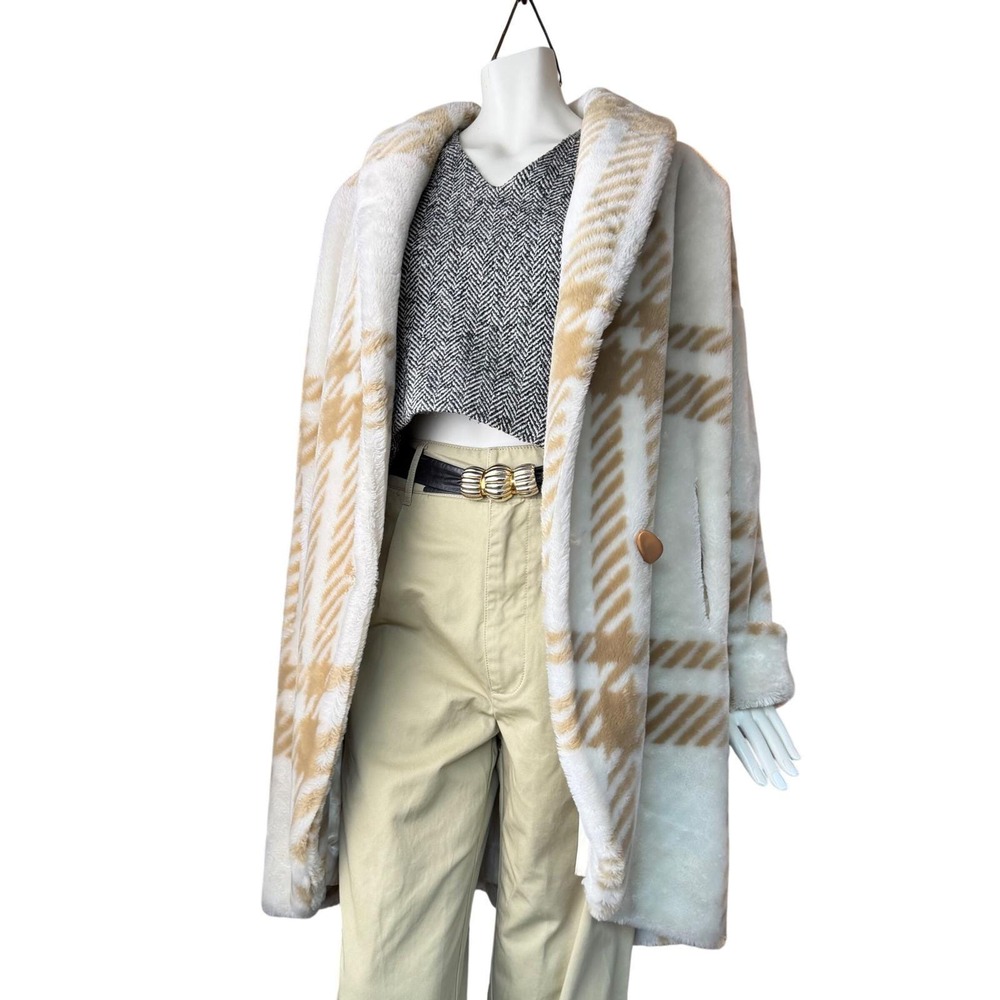 Vintage Donnybrook Faux Fur Cocoon Coat Plaid Beige Quiet Luxury Old Money L